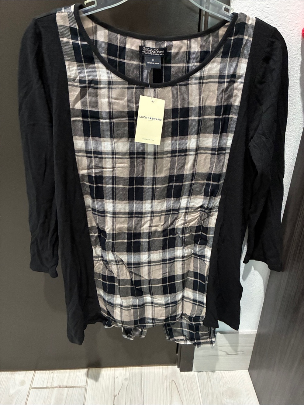 Lucky Brand Black Sleeve Plaid Front Scoop Neck Top NEW!